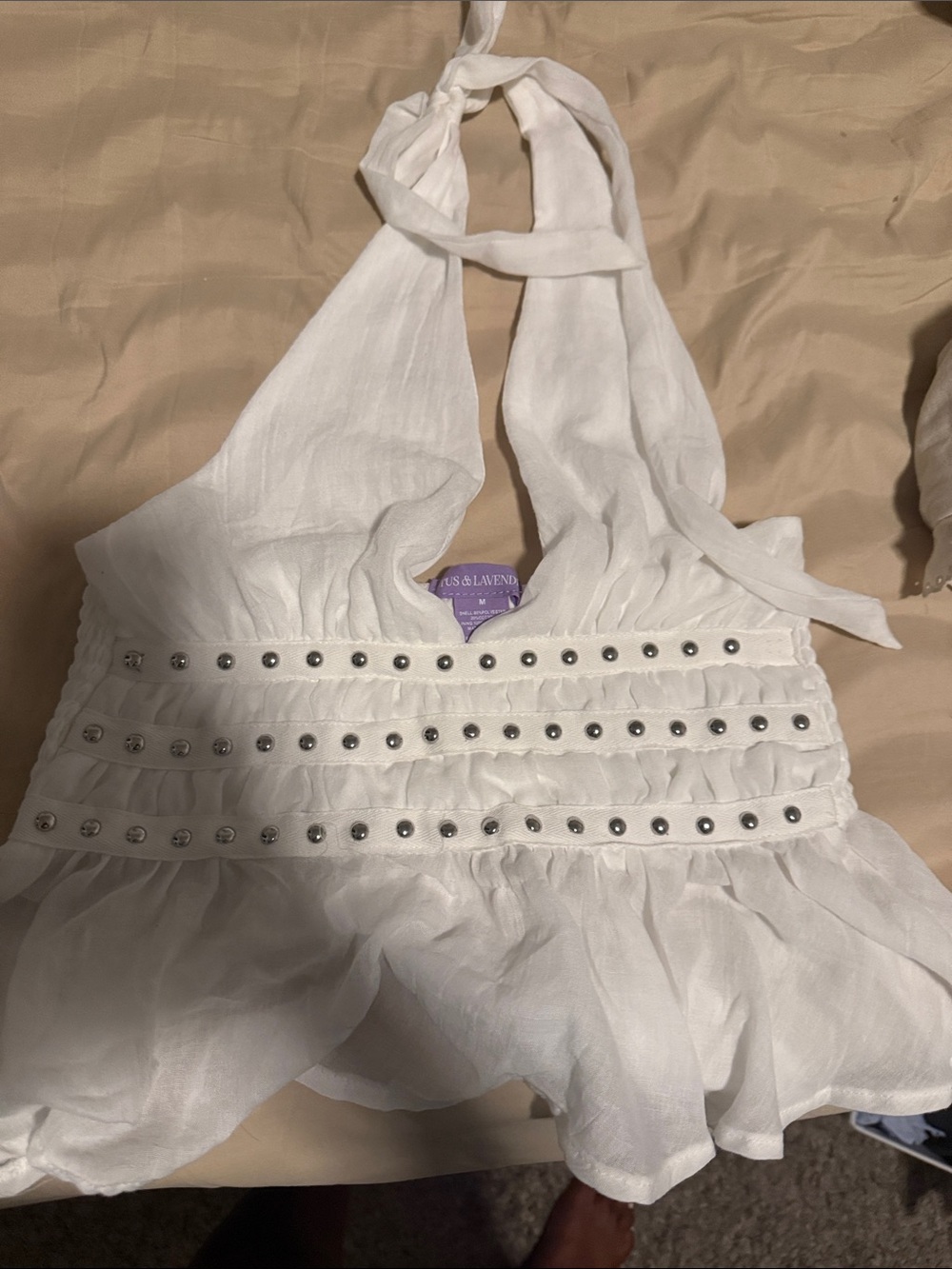 White Halter Ruffle Studded Women's Top -